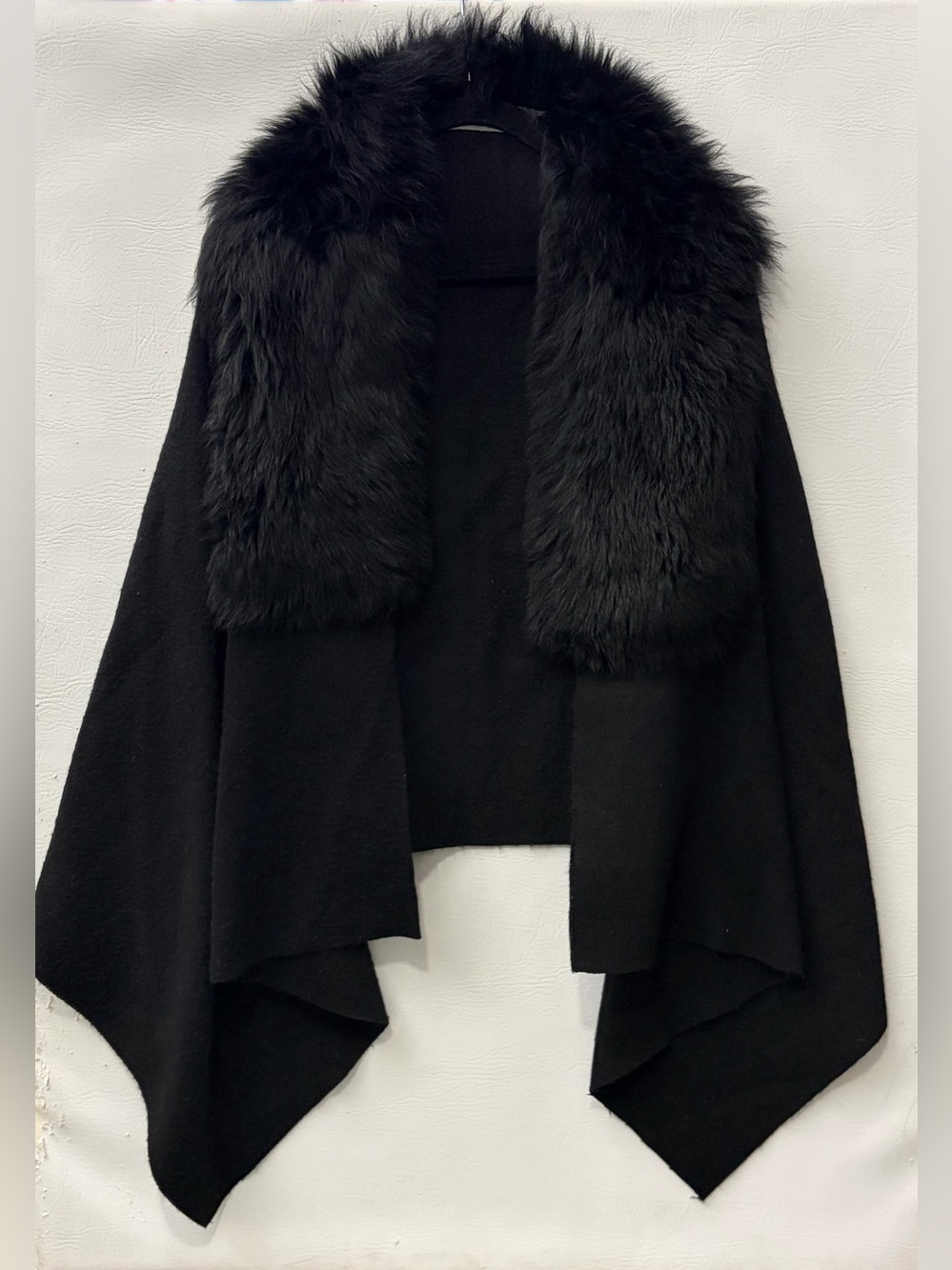 Pologeorgis Black Wool Draped Sweater Real Lamb Fur Collar OS